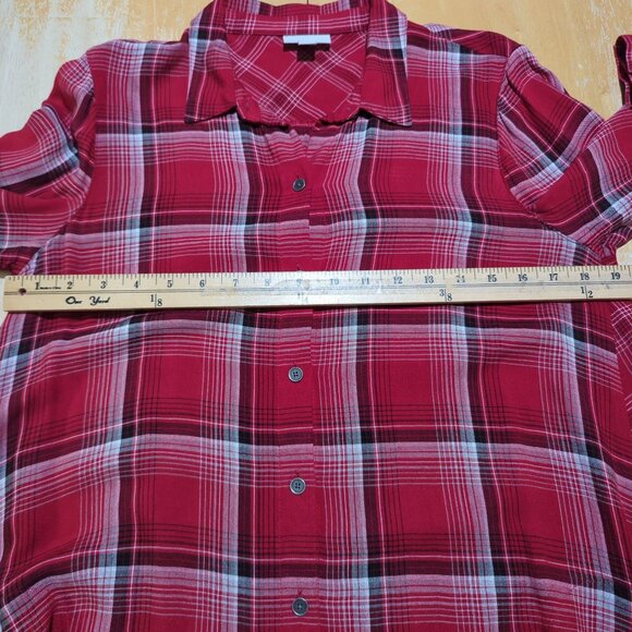 J. Jill‎ Women's size Small Petite Tunic Blouse Red Plaid Button-Down Rayon - Picture 9 of 13